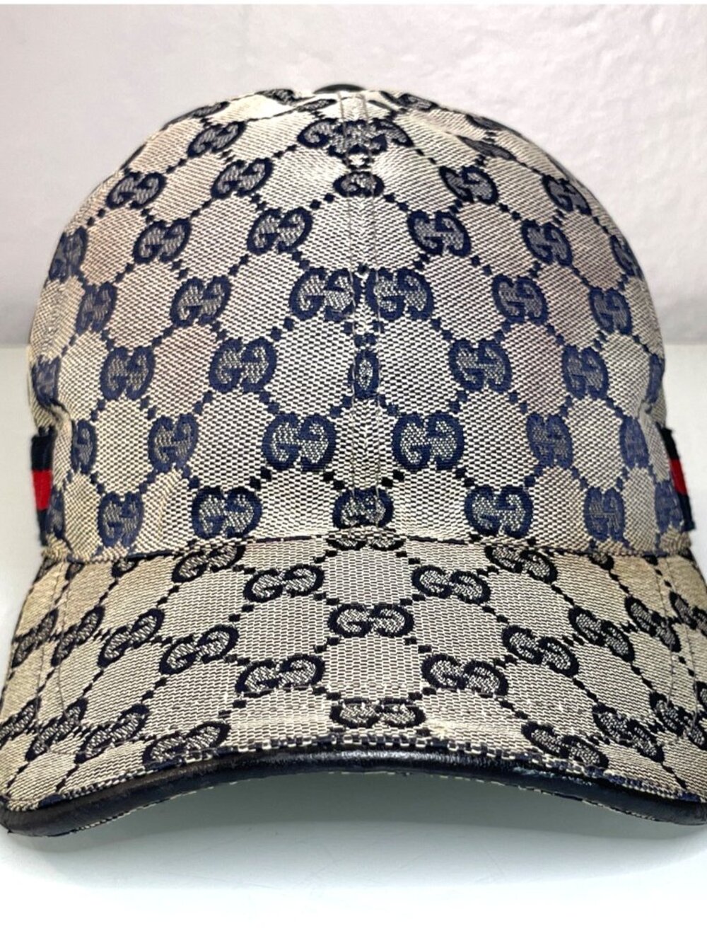 Gucci Navy Size S 57 GG Logo Monogram Canvas Web Baseball Cap Hat Runway - Picture 3 of 9
